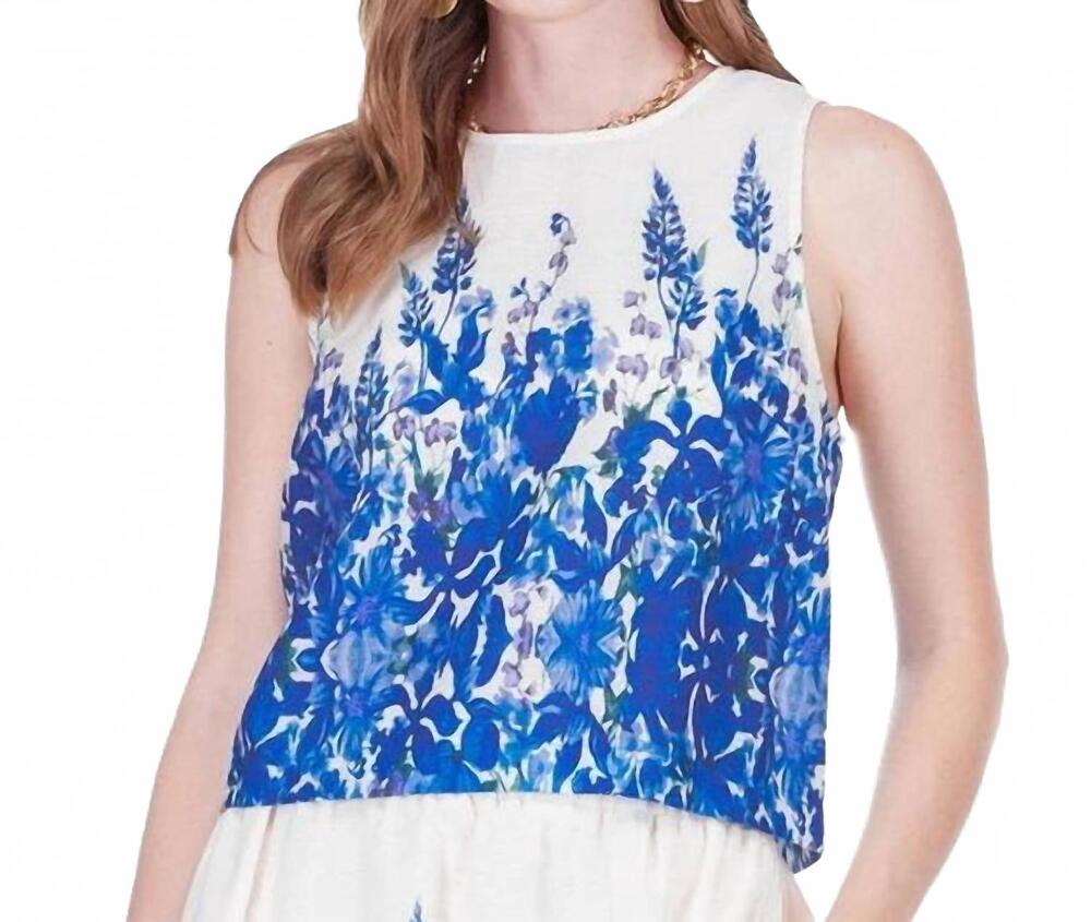 NEW JOY JOY back zip sleeveless top in indigo meadow